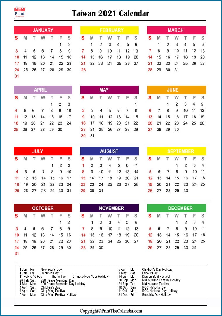 Taiwan Printable Calendar 2021